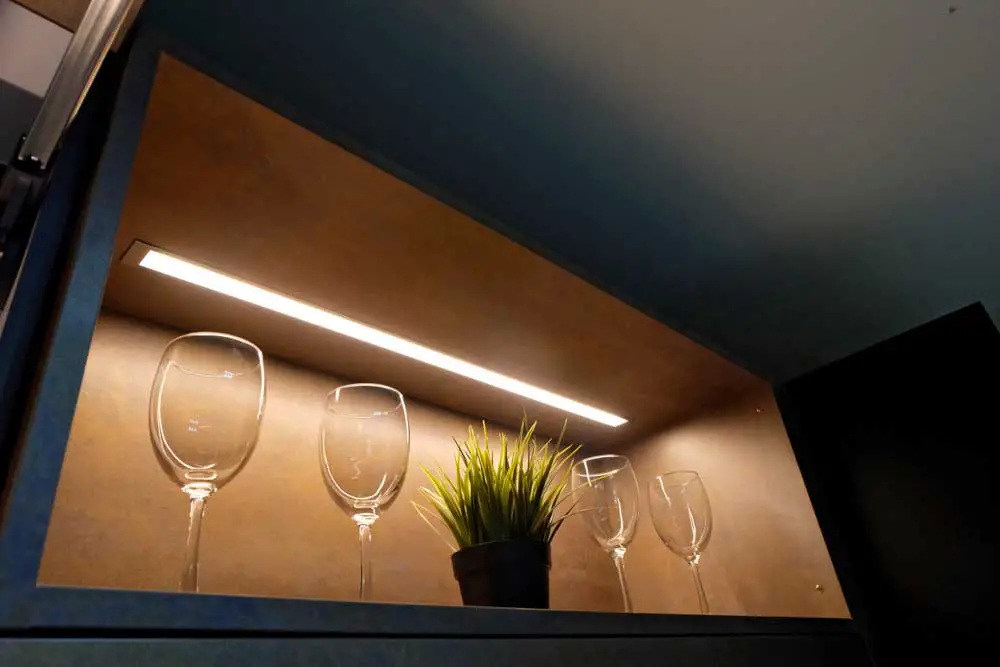 LED strip lighting in a wine glass cabinet