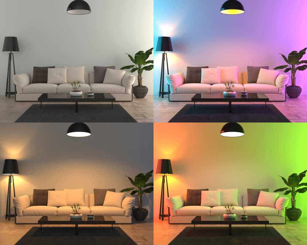  Four different color lights are set up in the living room - 3D render