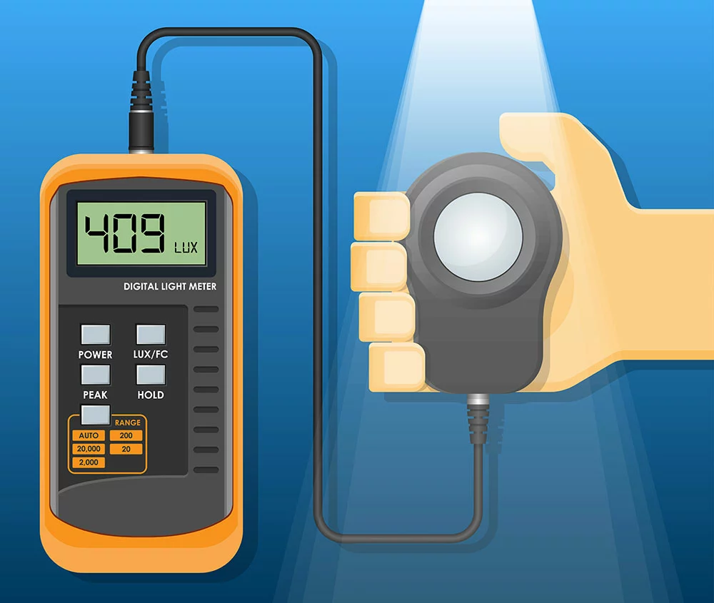 A graphic image showing how a digital handheld light lux meter measures lux. It uses a photodiode sensor LDR photometer