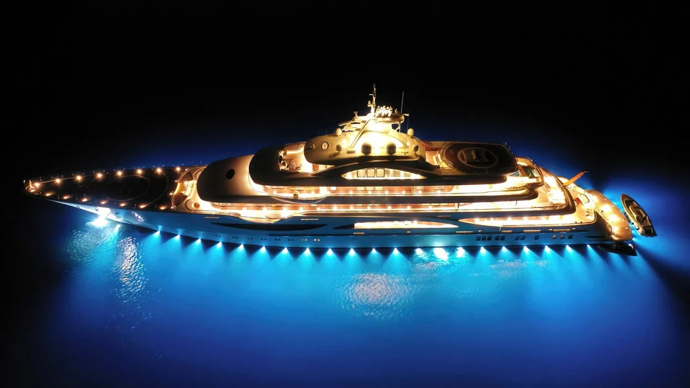 Modern LED illuminated mega luxury yacht