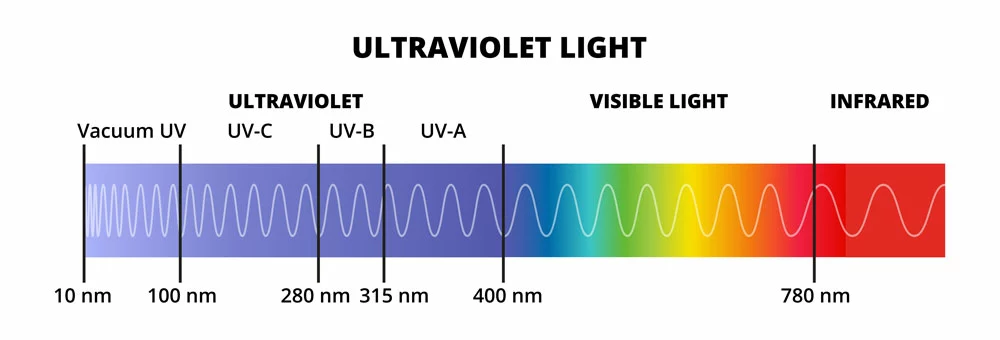 Vacuum UV, UV-C, UV-B, UV-A, and visible light in the electromagnetic spectrum