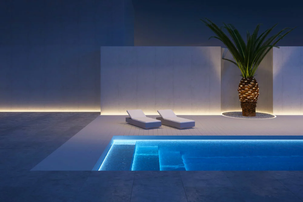 Underground pool with strip lights.