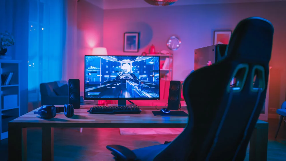 A gamer’s rig with LED strip lights