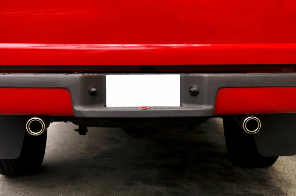 The rear bumper of a truck.