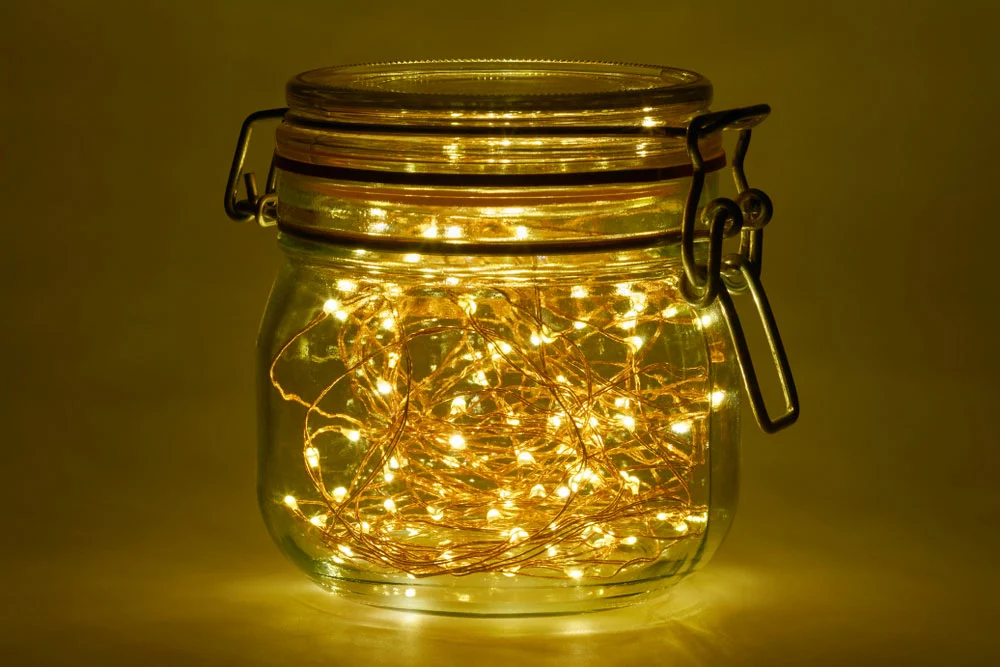 String LED light in a jar