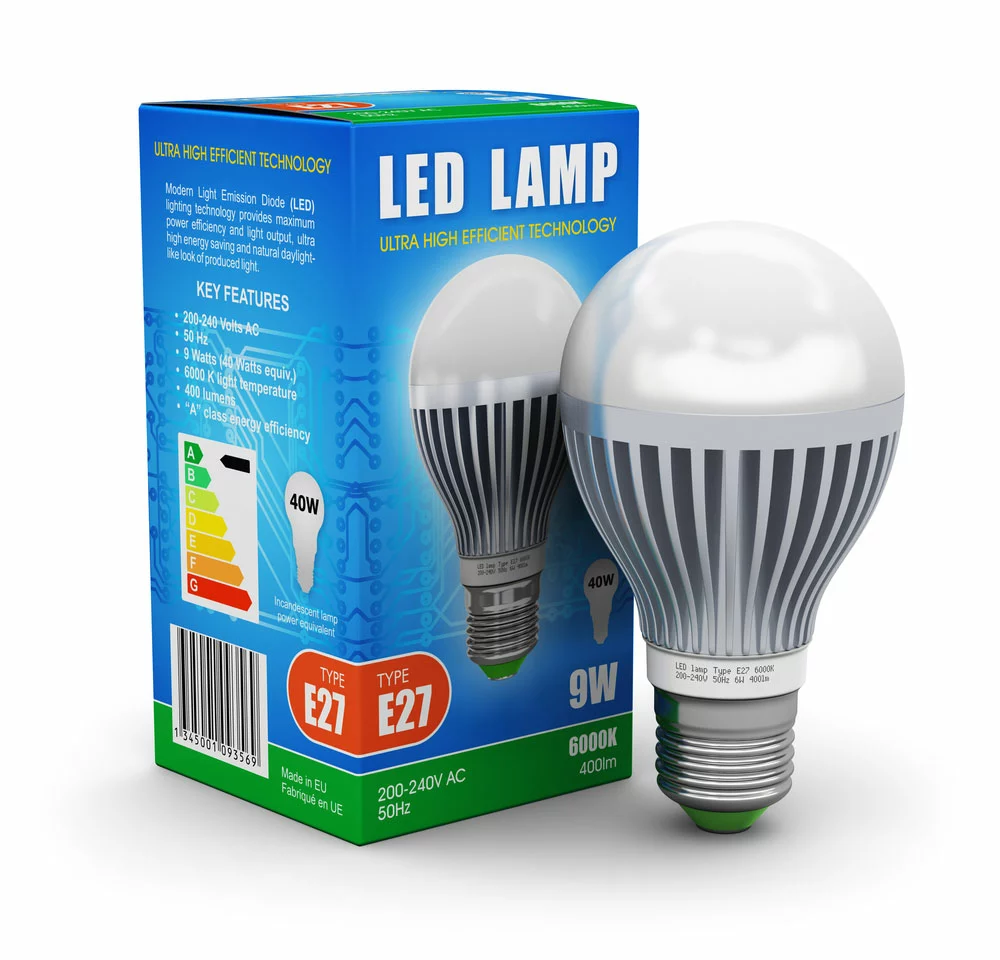 An LED bulb’s packaging. Note the wattage and lumen rating, plus the equivalent incandescent bulb