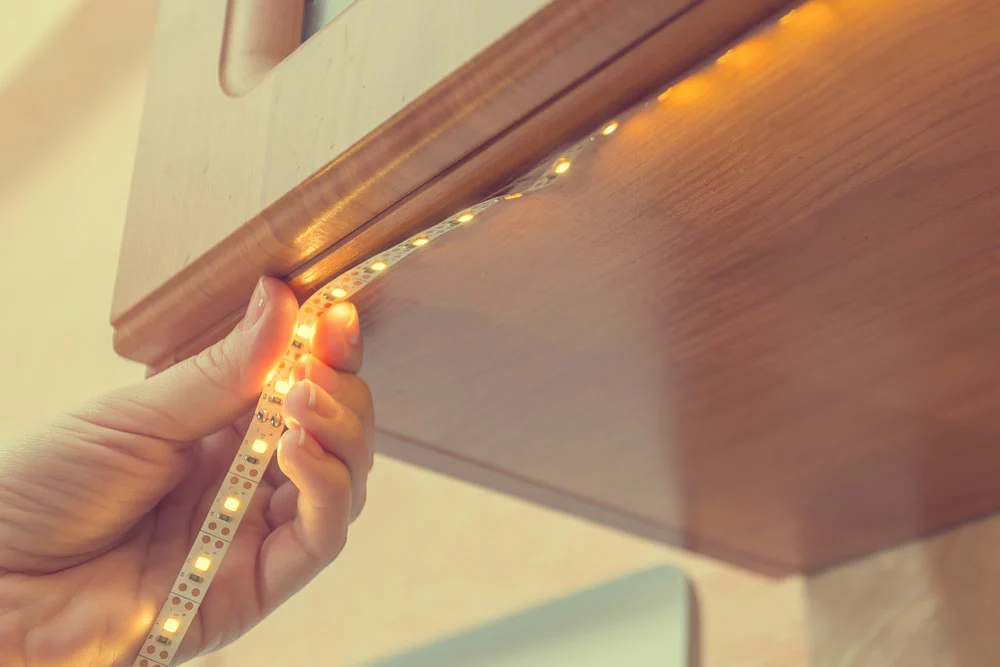 LED strip light installation under a kitchen cabinet