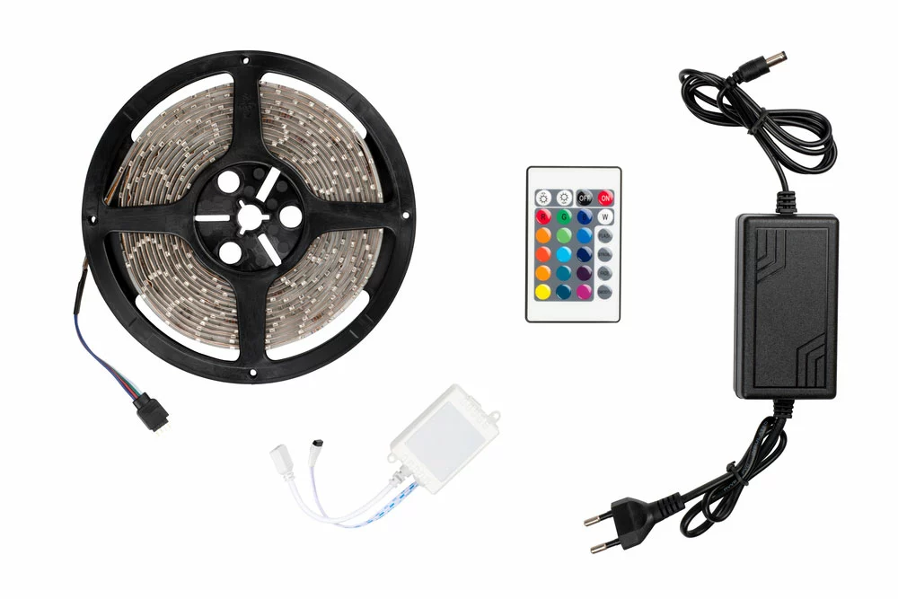 A multicolor LED strip with its remote controller