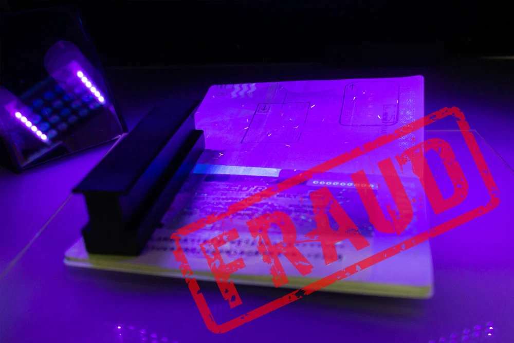 Passport visa checking using UV light to identify the protective elements or security features