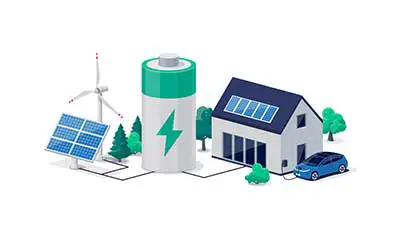 Battery energy storage with house photovoltaic solar panels plant.