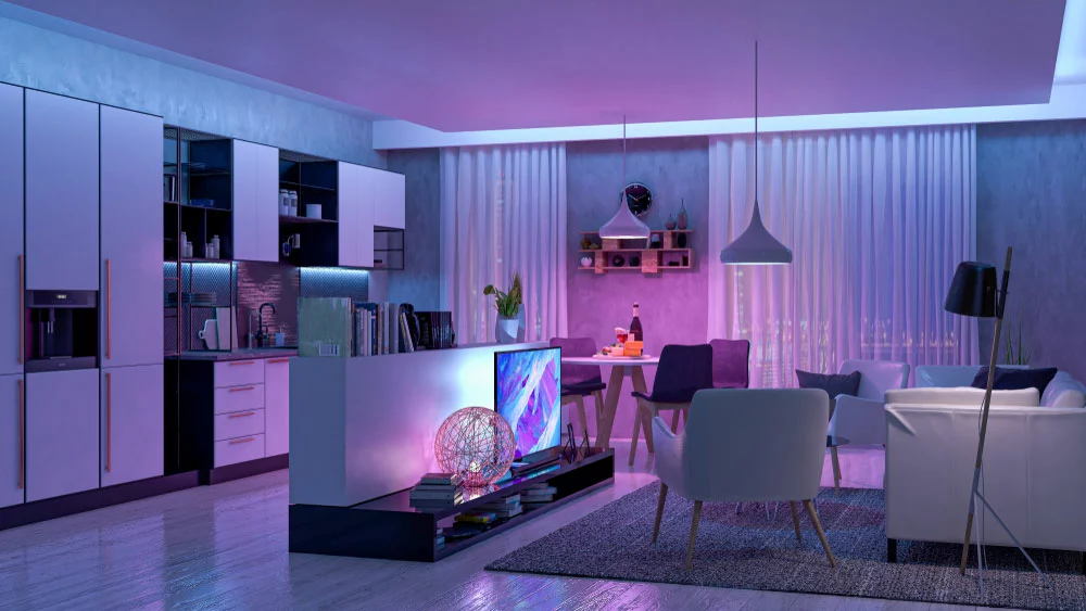 Modern living room with colored LED light