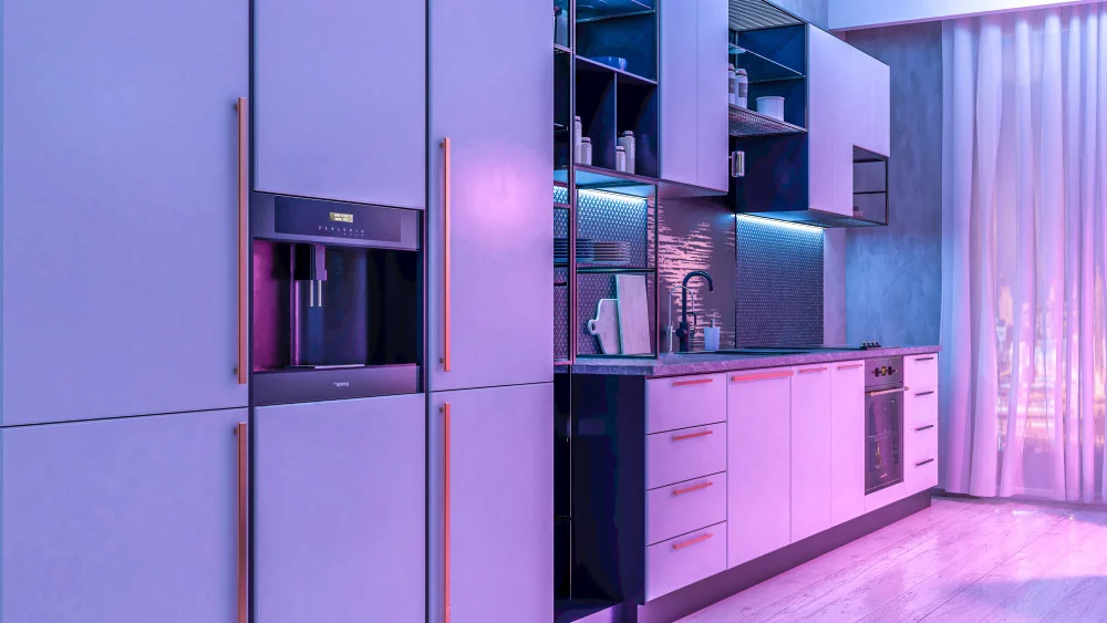 Modern kitchen interior with a light strip on