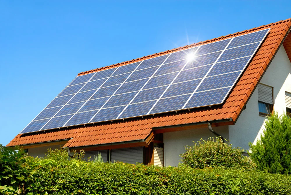 Solar panels on a roof on a sunny day