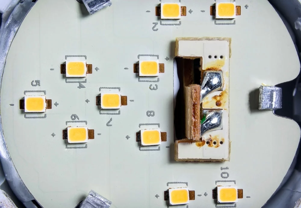 LED chips soldered on a circuit board in an LED light bulb