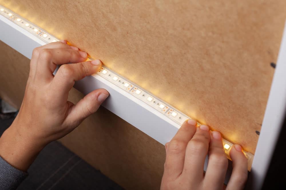 LED strip lights on a surface.