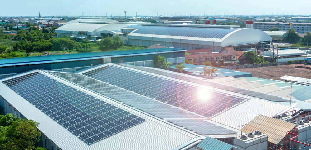 Solar panels on a factory rooftop