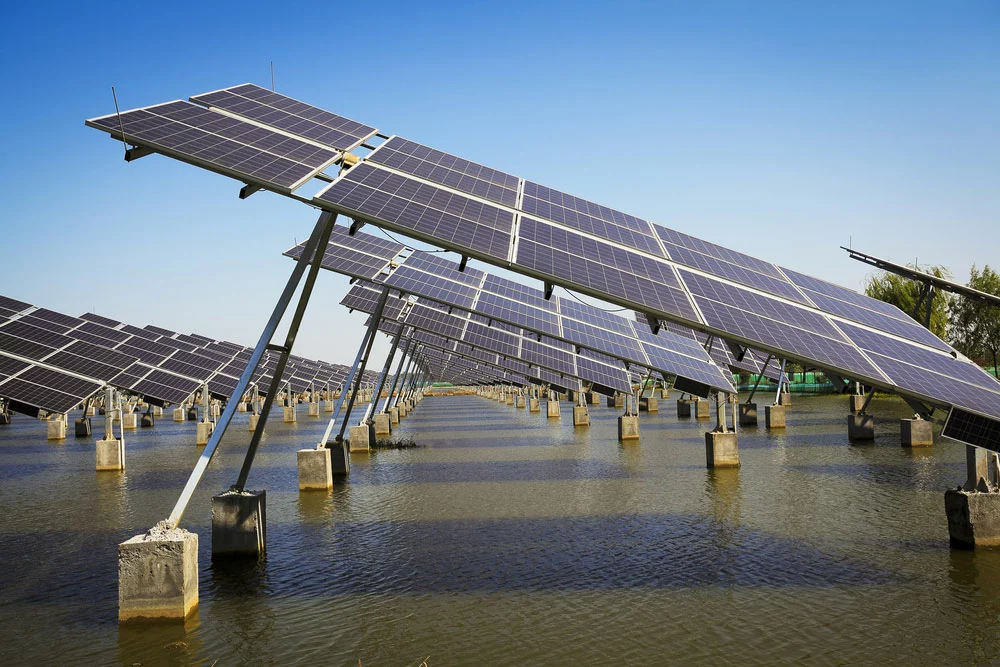 A solar farm above a water body