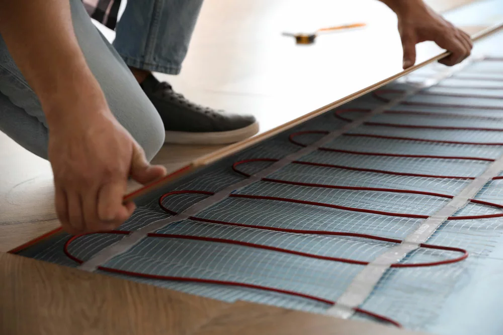 Electric underfloor heating systems. Note this system has heating elements, not pipes.