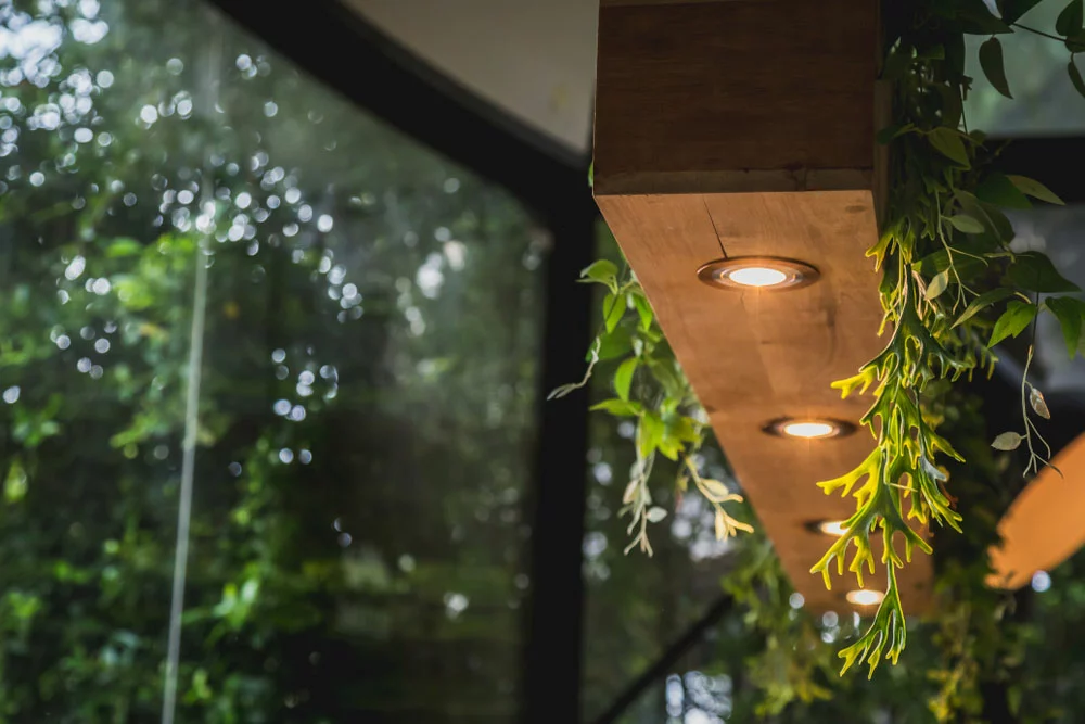 Wooden hanging ceiling lamps from plant pots