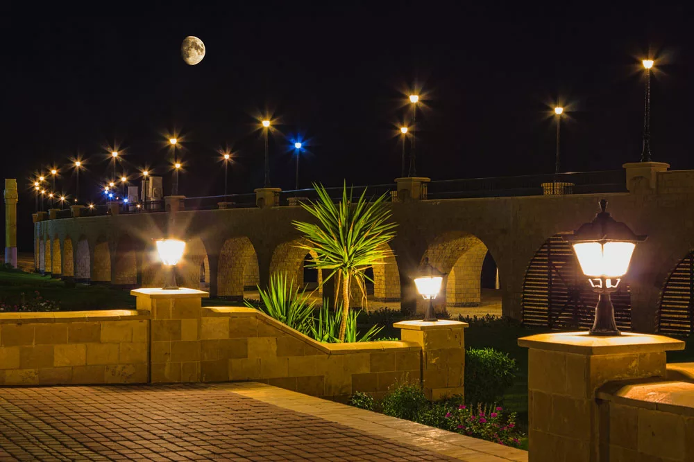 Outdoor Lights at Quay Egyptian resort of Hurghada at night.