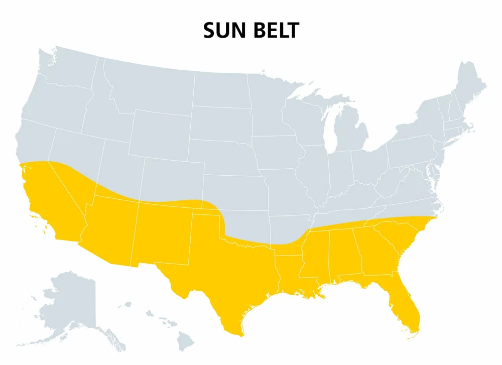 The US sunbelt shows the warmest zones in the country