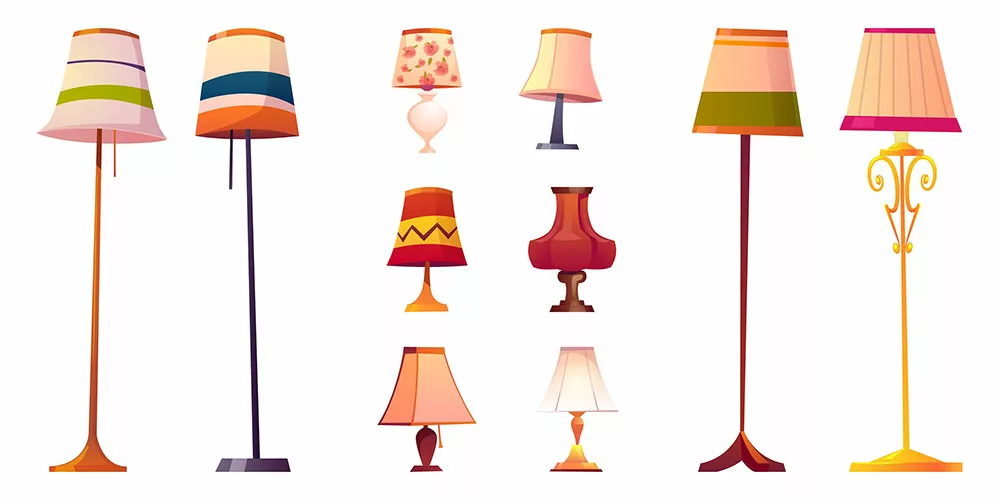Different lampshades on long and short stands