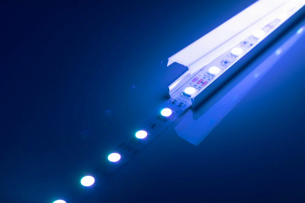 An LED strip light with vs. without a diffuser