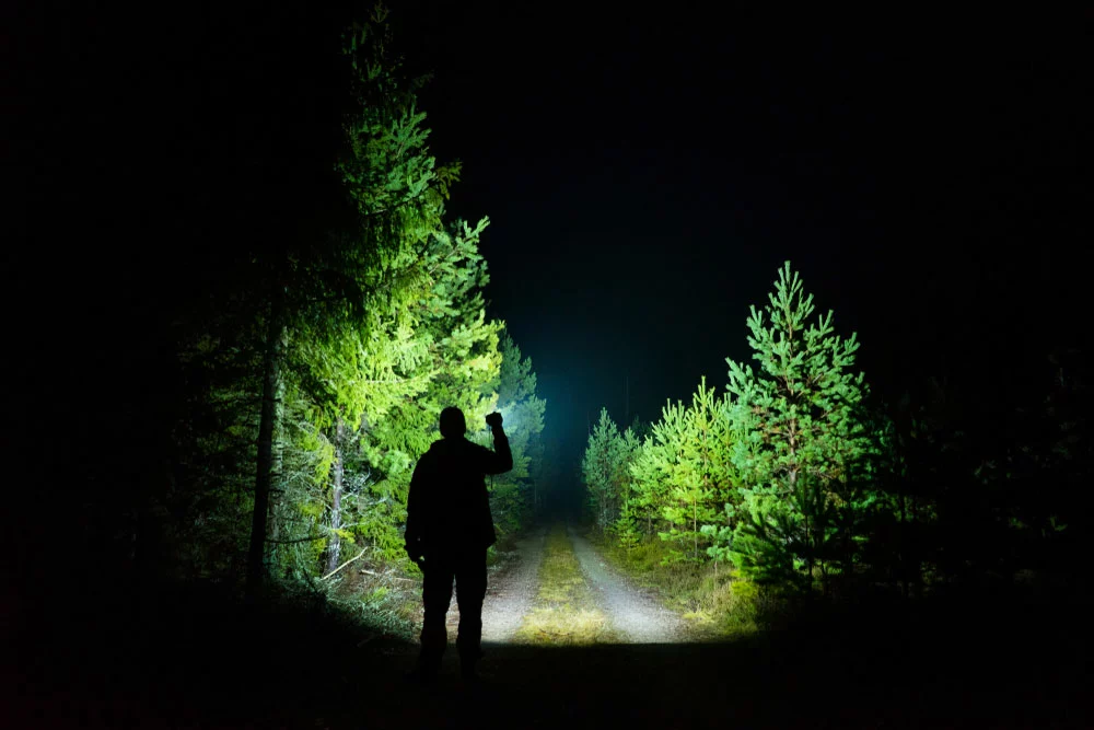 A man using a white light flashlight to illuminate a path