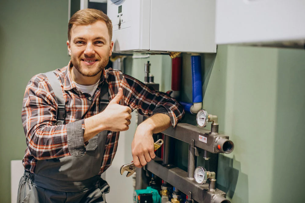 Man giving a thumbs up near a boiler