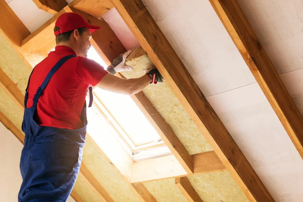 Calculate Heating Requirements:  A worker installing rock wool insulation in a mansard wall in the attic