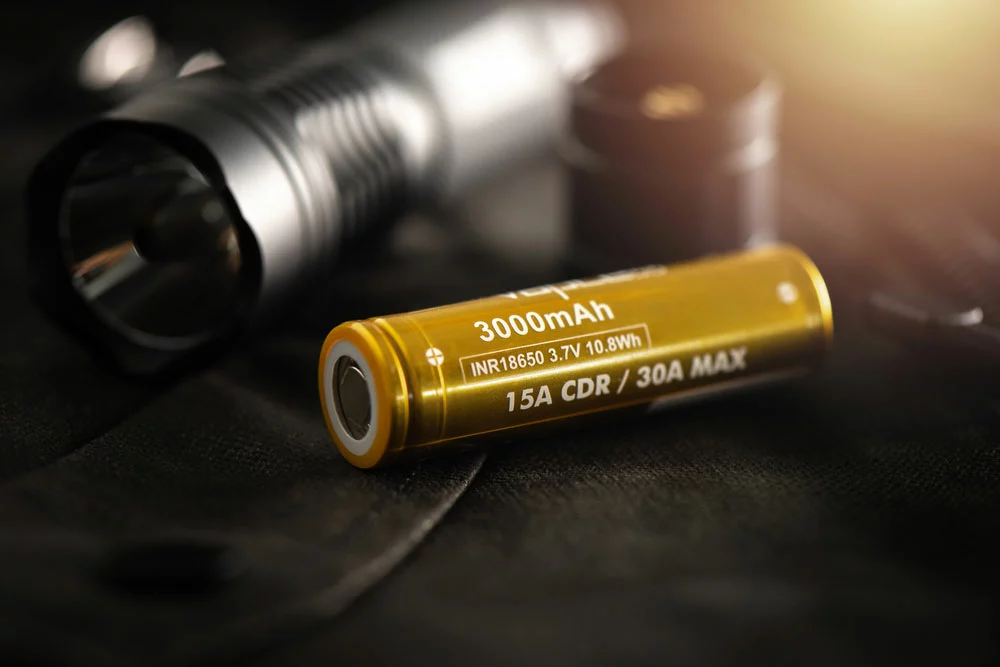 A Golden INR18650 3.7V rechargeable battery.